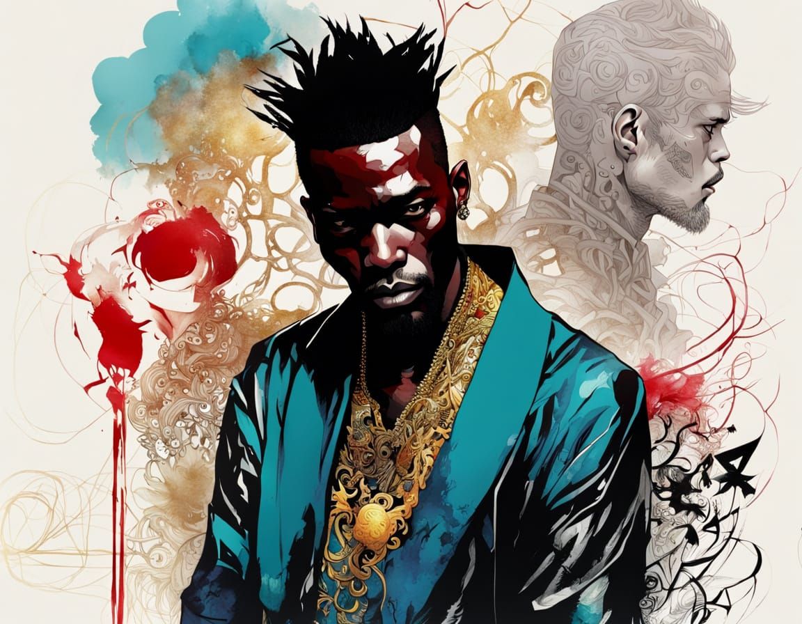 Bold Tattoo Illustration of Asian Man with Gemstones