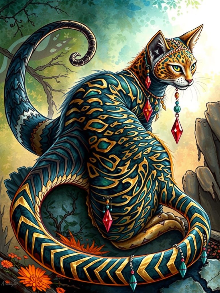 Elegant Long-Necked Cat in Mystical Forest, Abstract Waterco...