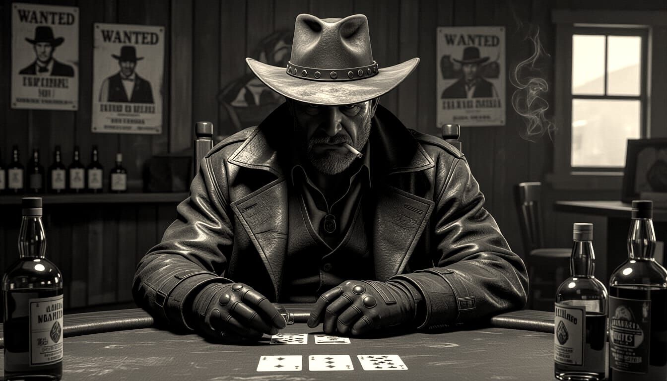 Gunslinger Playing Poker in Old West Saloon