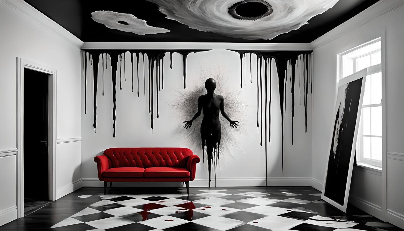 Bloodcurdling Horror: The Scarlet Room in Surreal Black & Wh...