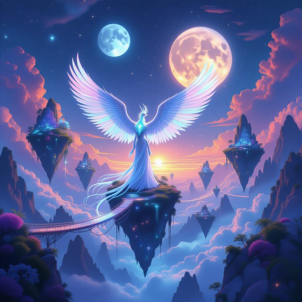 Surreal Dreamscape with Winged Creature and Floating Islands