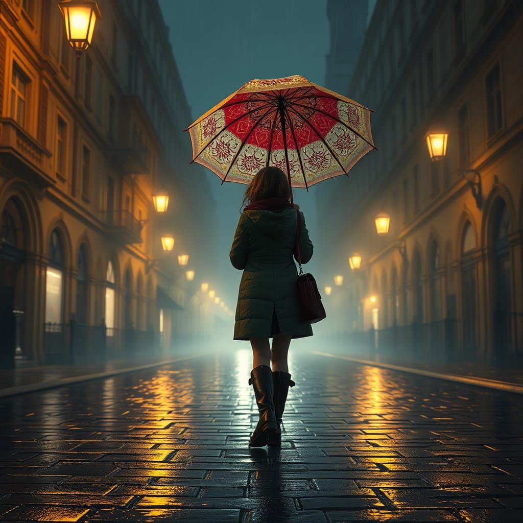 Girl Walking Under Rainy Night Streetlights in Gothic Citysc...