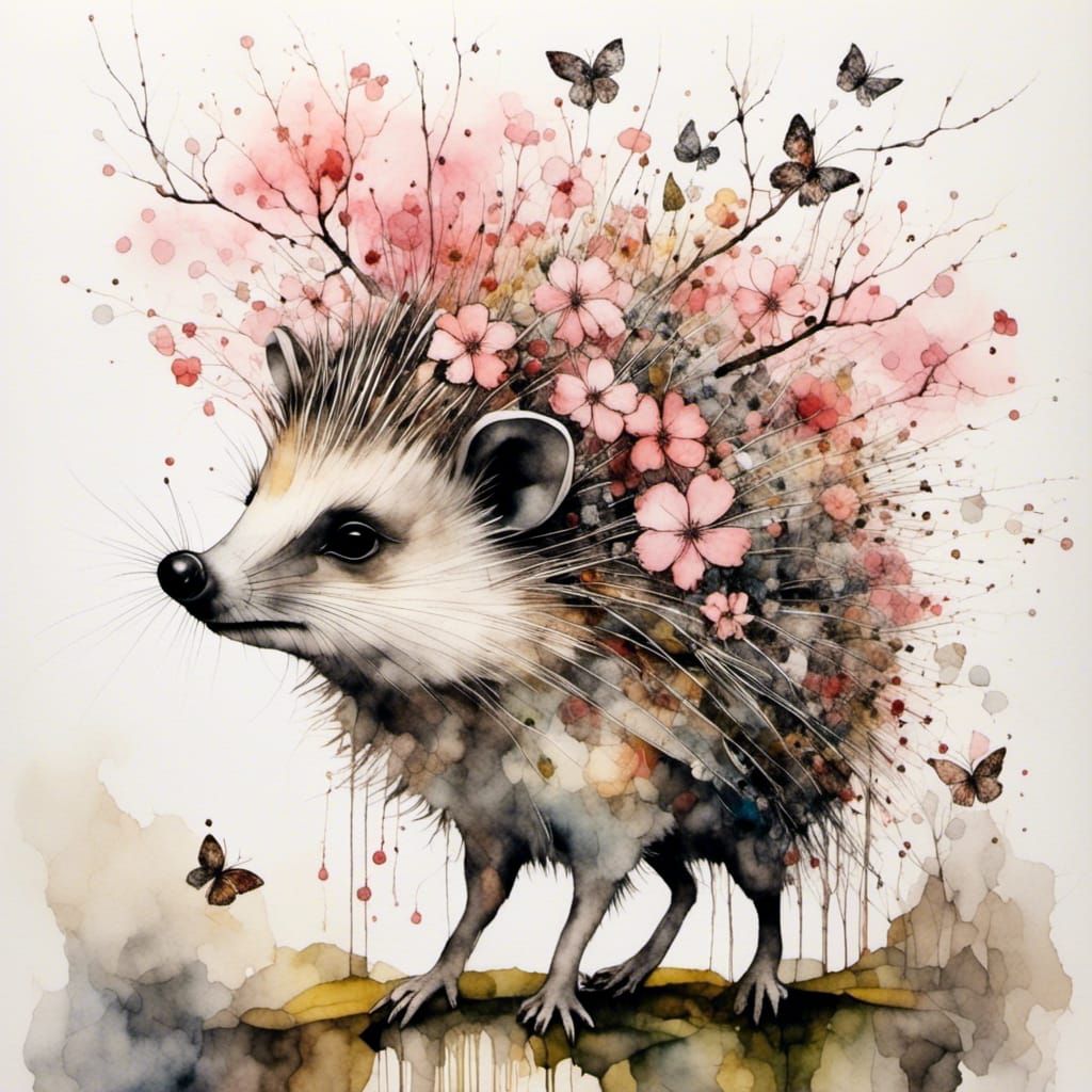 Whimsical Hedgehog with Cherry Blossoms in Watercolor Style