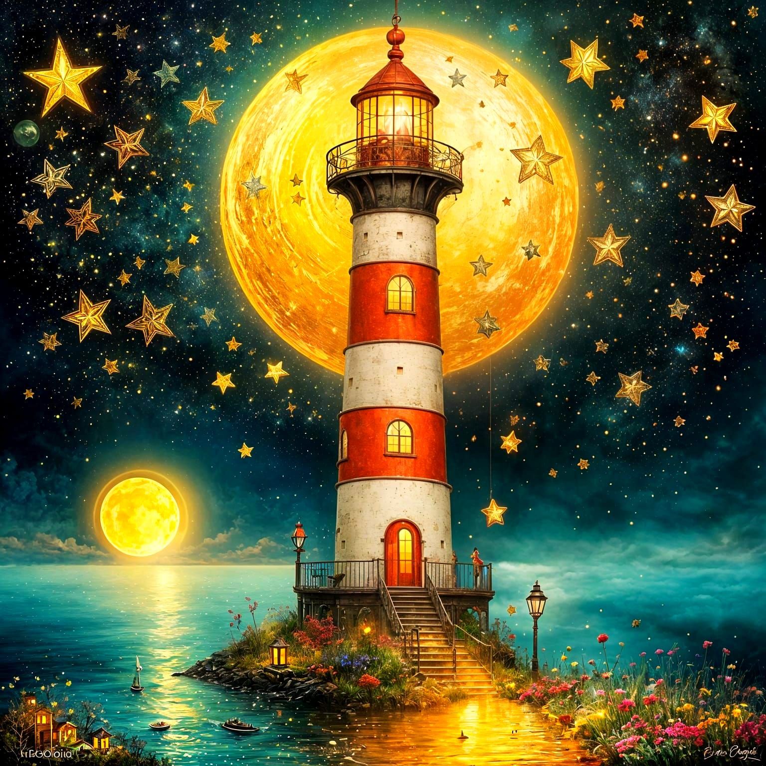 Surreal Steampunk Lighthouse Under Crescent Moon