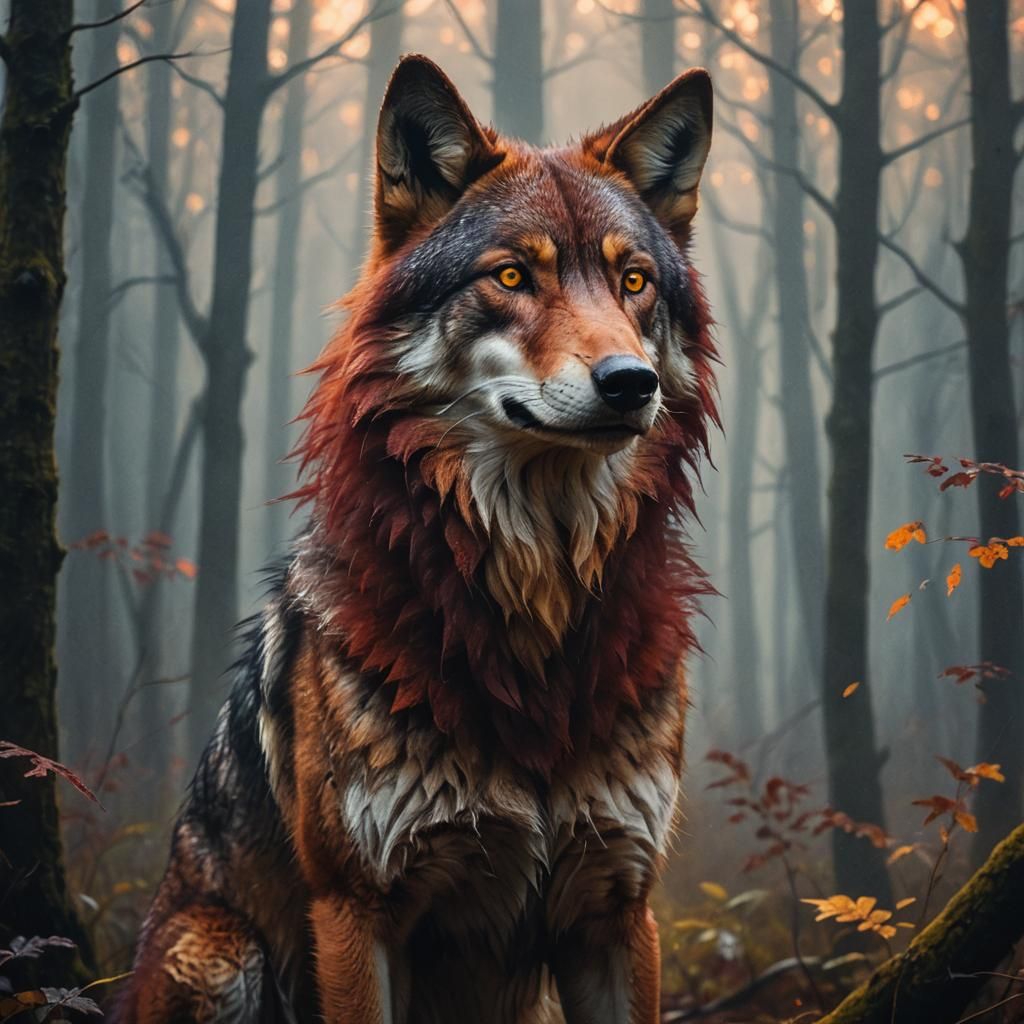 Red Wolf Portrait in Misty Forest, Concept Art