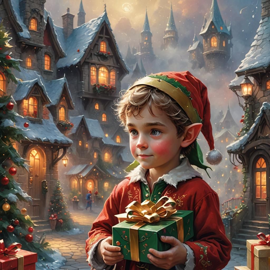 Little Elf with Gift Box in Ethereal Style