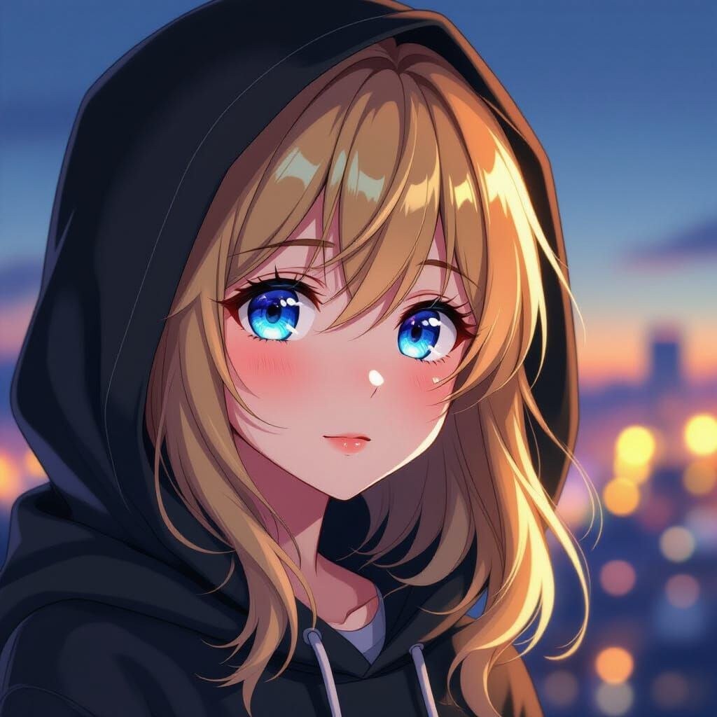 Cute Anime Girl with Blue Eyes and Black Hoodie