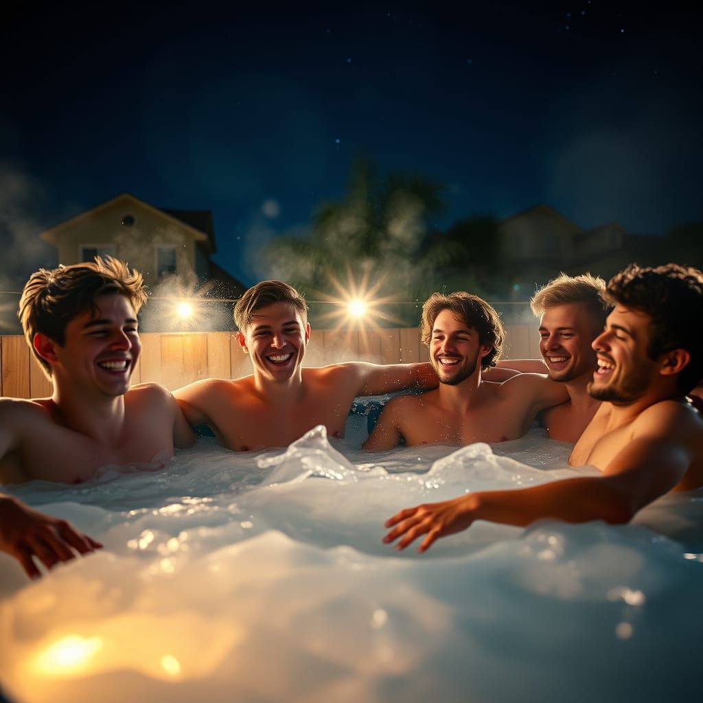 Joyful Friends Splash in Steamy Hot Tub Under Stars