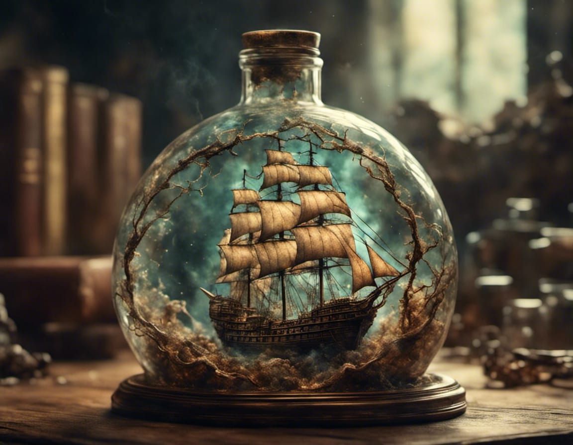Ship Model Artistically Displayed in Glass Bottle