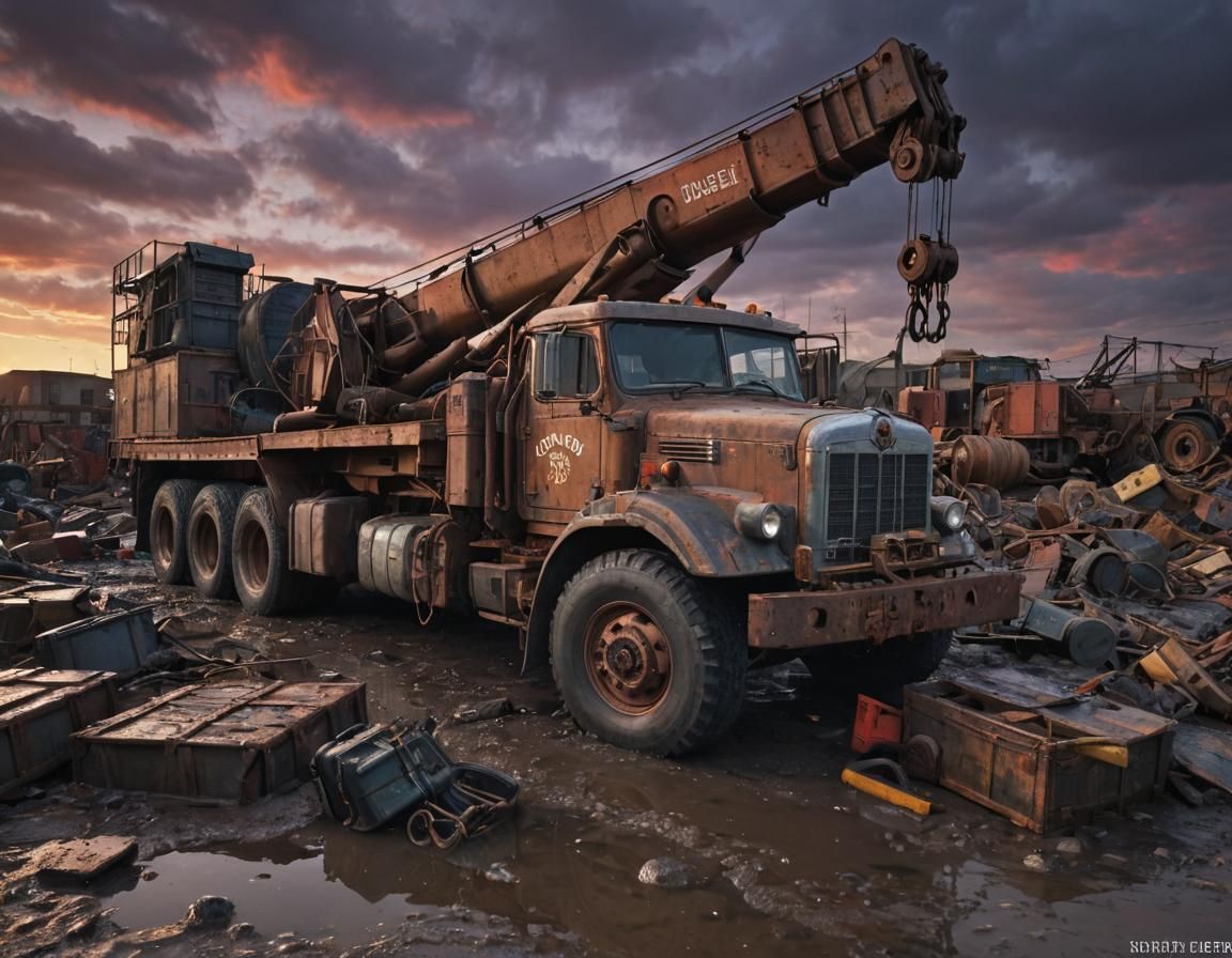 Dieselpunk Wrecking Truck at Industrial Port Sunset