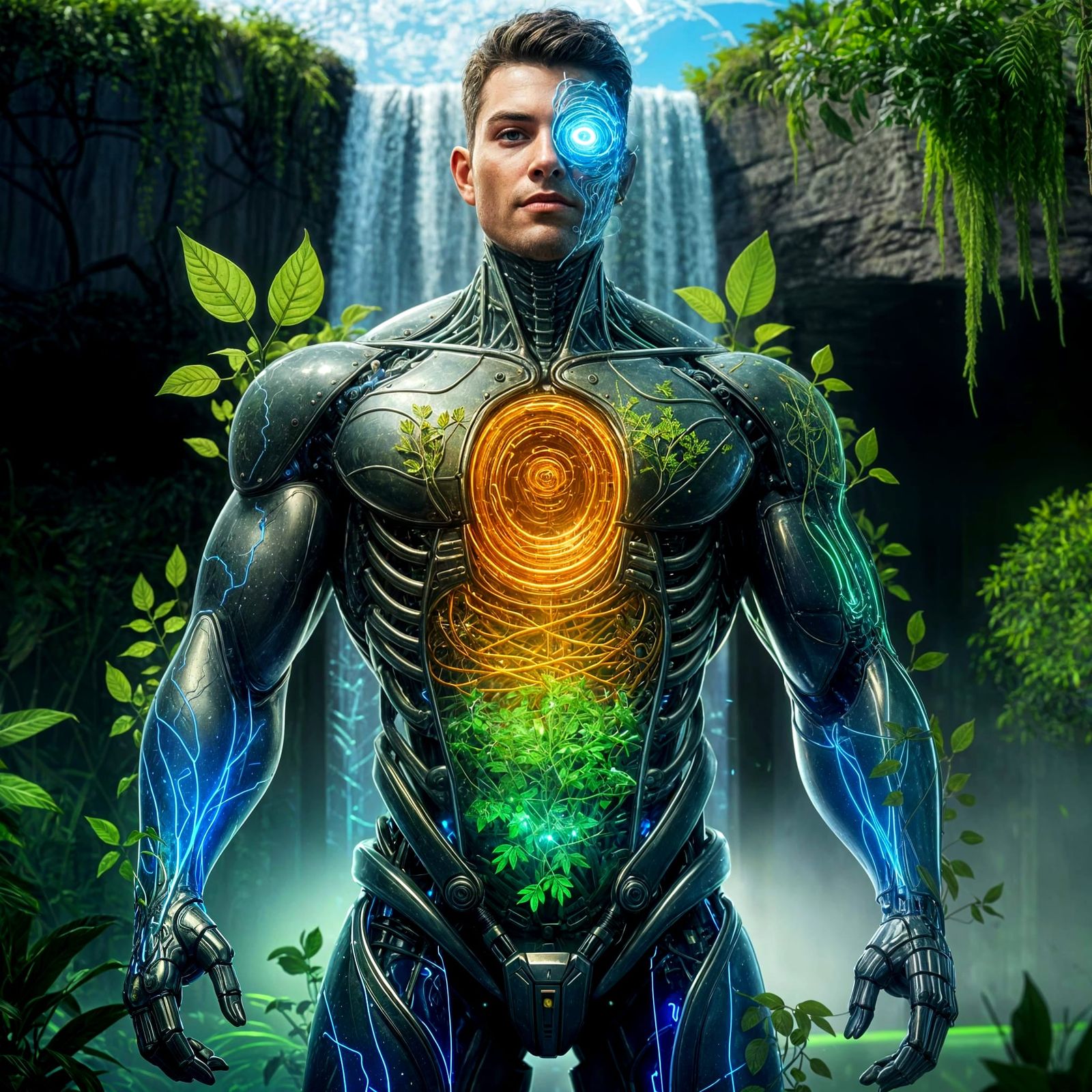 Cyborg Recharging in Vibrant Jungle Landscape