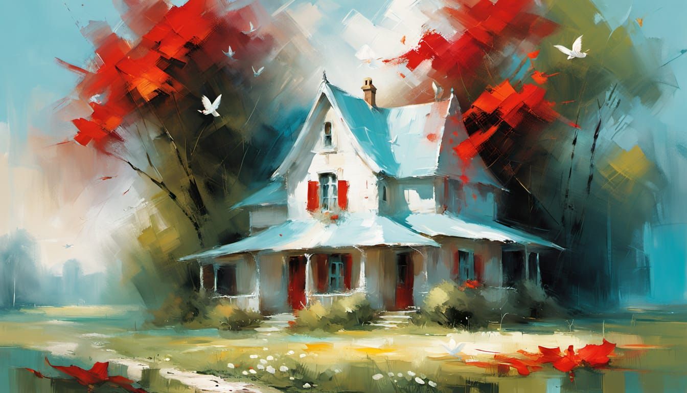 Abandoned House in Meadow as Impasto Painting
