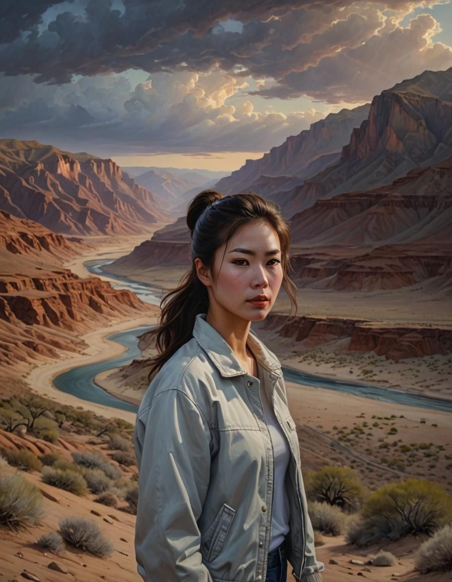 Korean Woman in Desert Oasis: Chiaroscuro Oil Painting