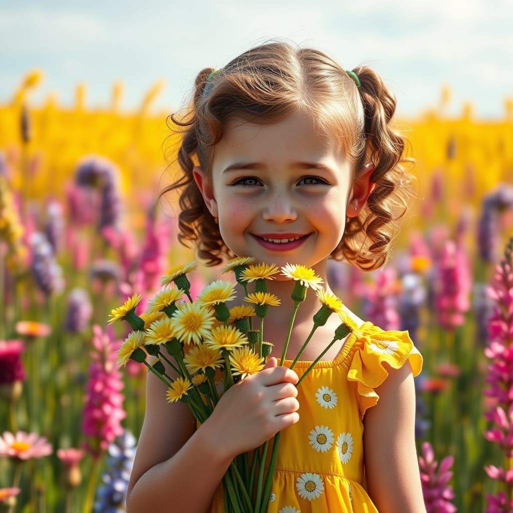 Sassy Girl Offers Dandelions in Vibrant, Sunlit Field