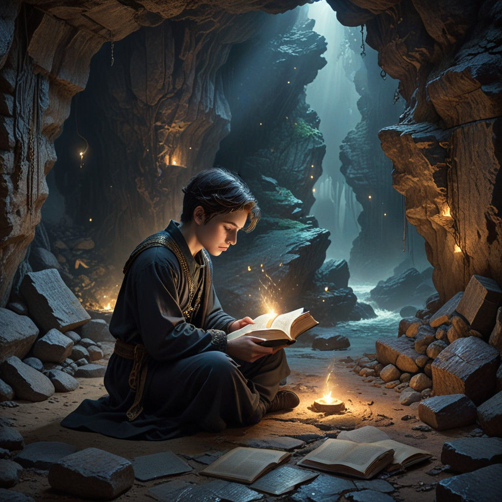 Ultra-Orthodox Boy Reads Illuminated Book in Dark Cave