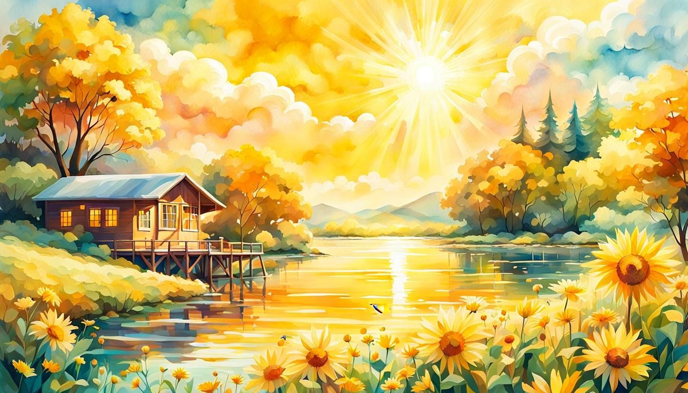 Radiant Yellow Watercolor Scene with Sunshine Beams