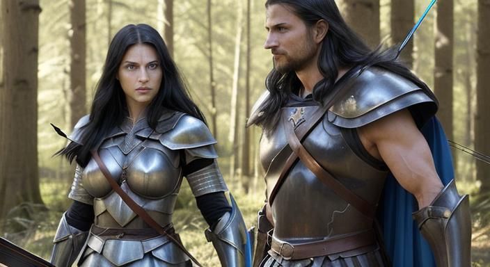 Two Warriors with Swords Face Wolves