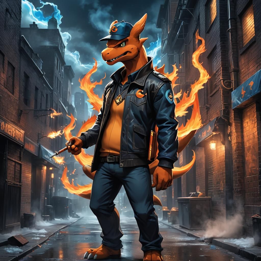 Charizard Gangster in Cityscape Alleyway, Detailed Matte Pai...
