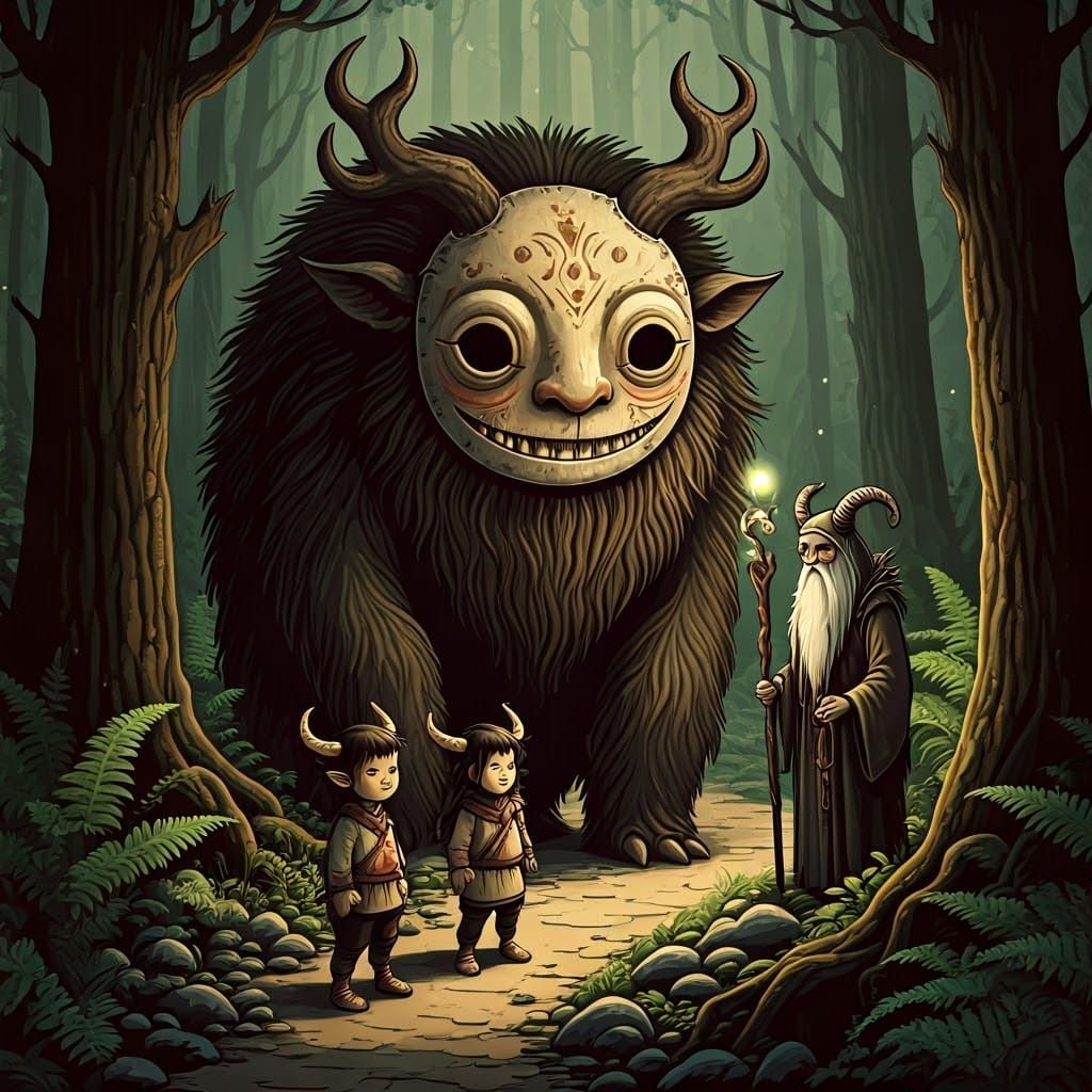 Mystical Forest Scene with Horned Creatures, Yoshitaka Amano...