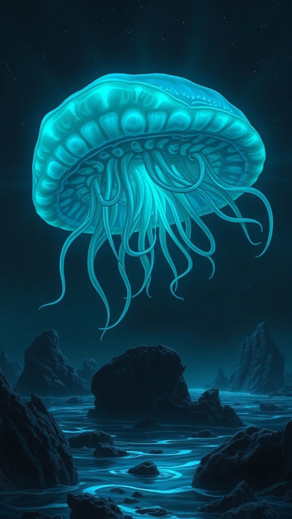 Bioluminescent Giant Squid in Dark Ocean Depths