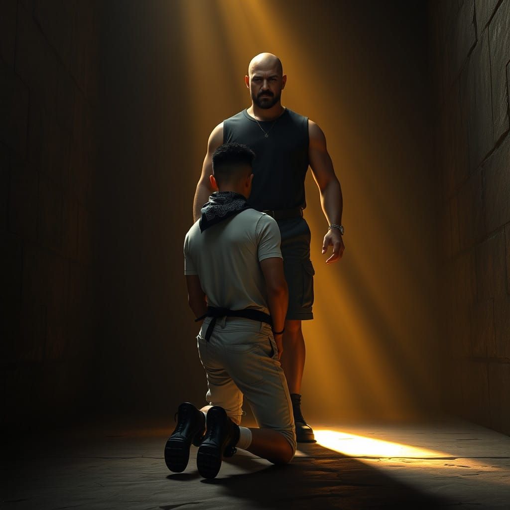 Two Men in a Mysterious Chamber: A Dark and Moody Scene