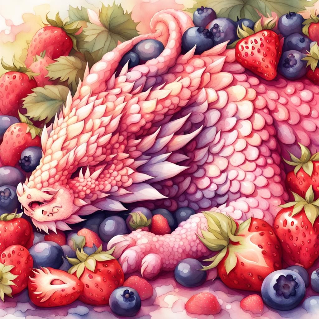 A pink dragon sleeping on the bed, surrounded by strawberries and blueberries, with pale yellow scales, soft lighting, a...