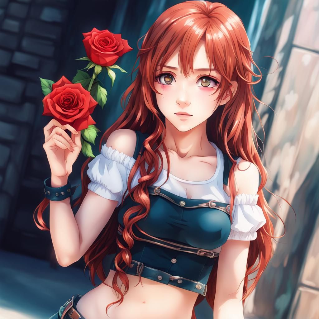 Cute Anime Girl with Red Hair and Rose