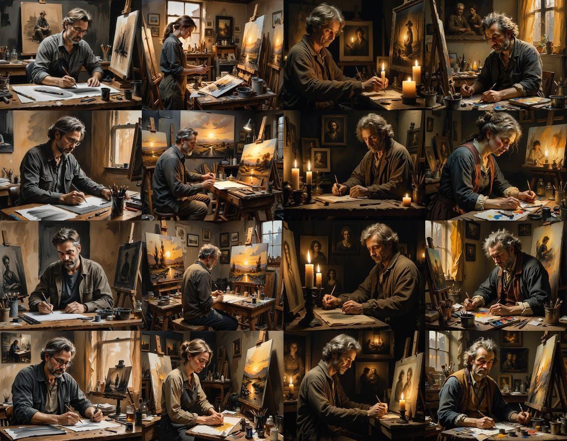 Oil Painting of an Artist Drawing with Charcoal