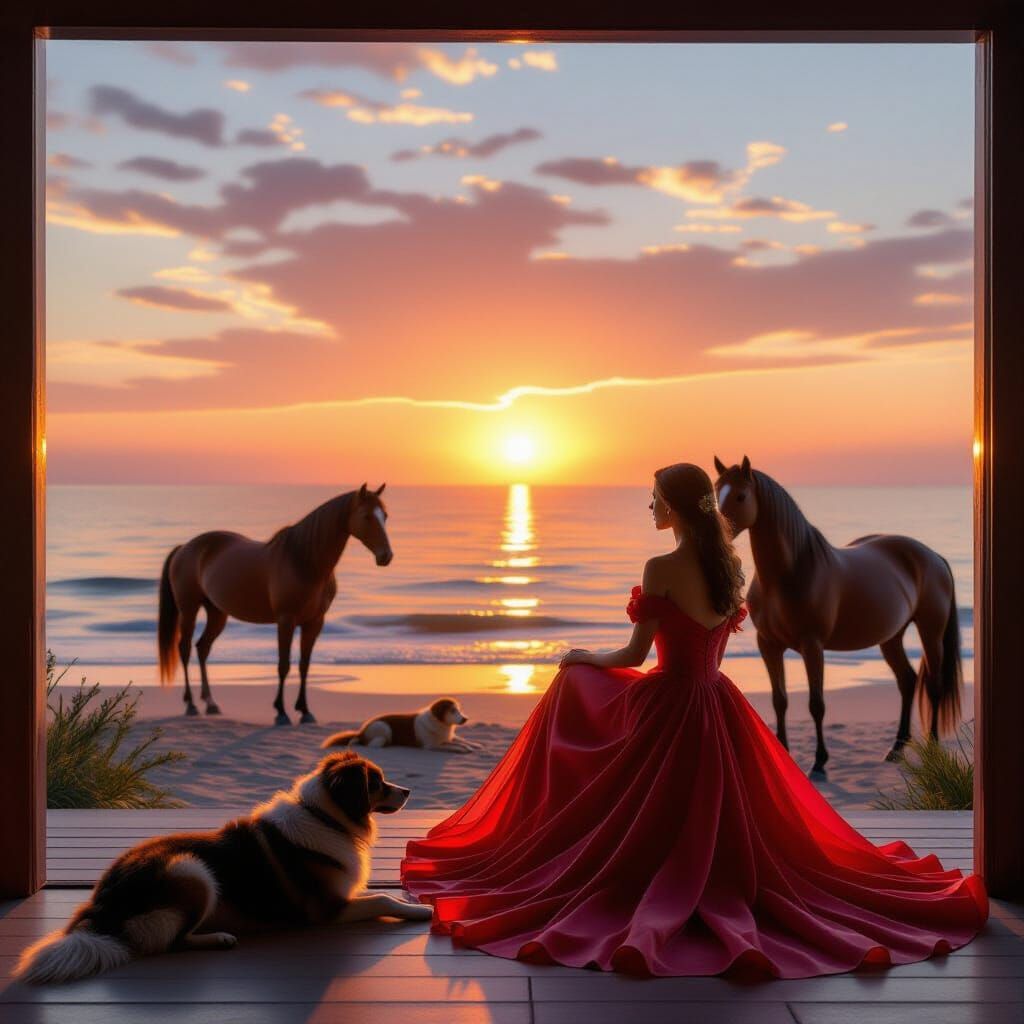 Glass Art Woman in Red Dress at Ocean Sunrise with Horse and...