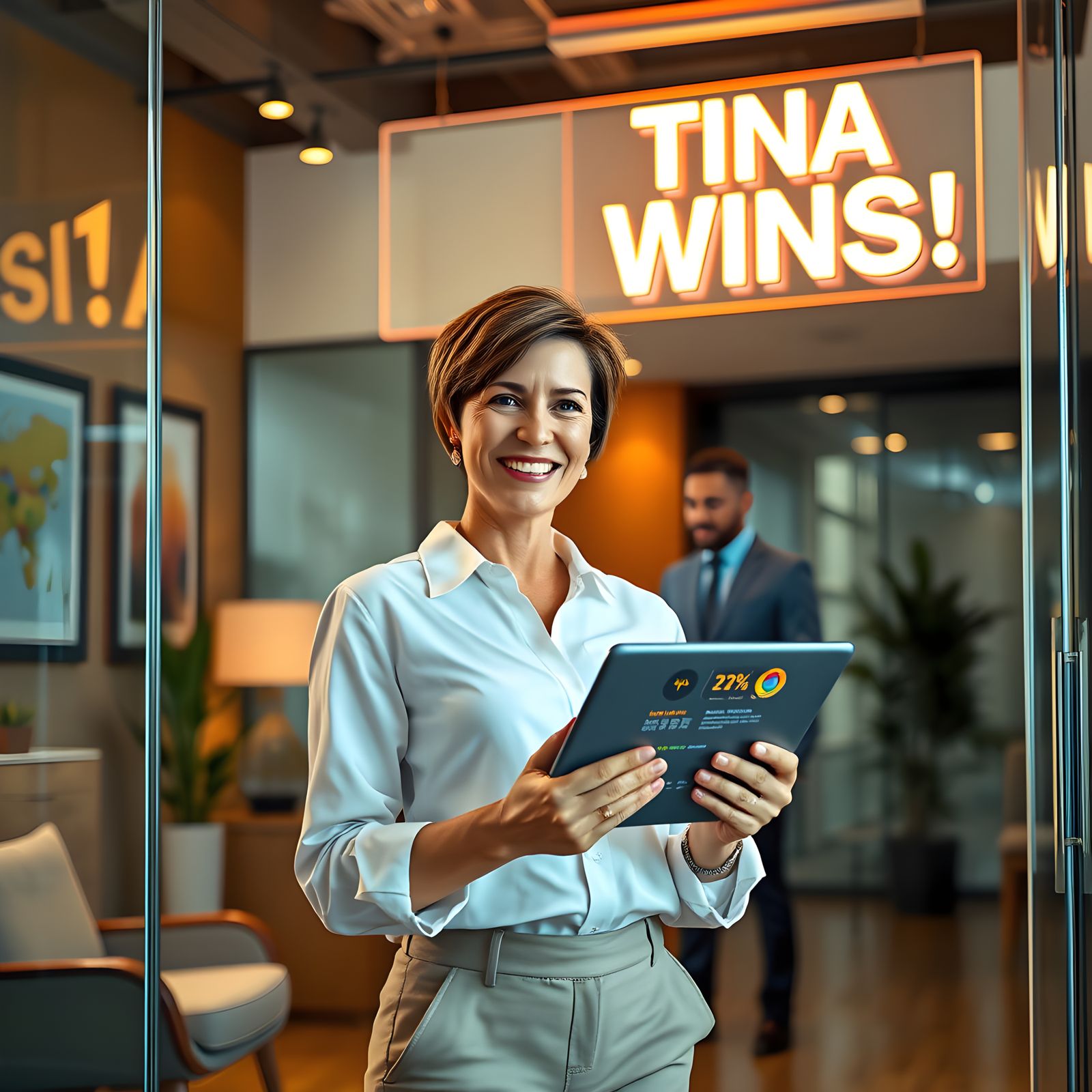 Woman Enters Office with Tablet Displaying Data