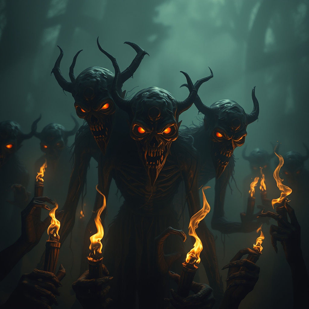 Ghoulish Gathering in Gothic Nightmare Landscape