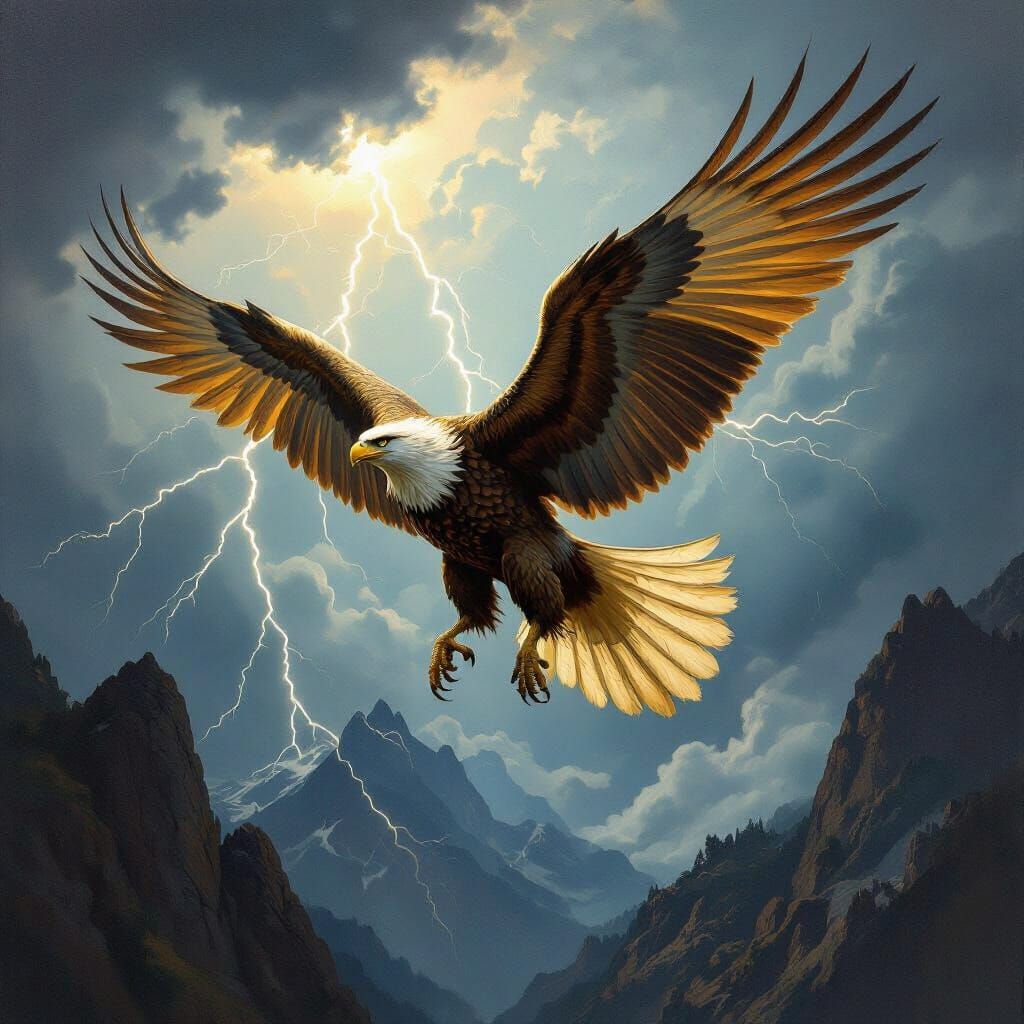 Griffin Soaring Over Stormy Mountains, Classical Oil Paintin...