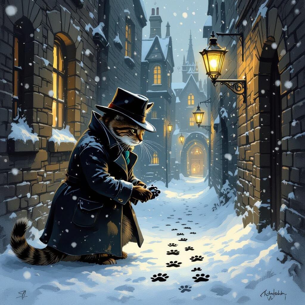Victorian Cat Detective Investigates Snowy Alleyway