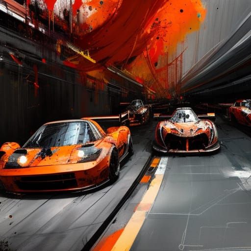 Orange Racing Cars in Textured Speedpaint Style