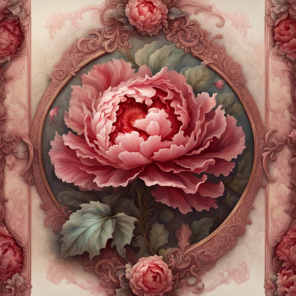 Watercolor Peonies on Playing Card with Rococo Frame