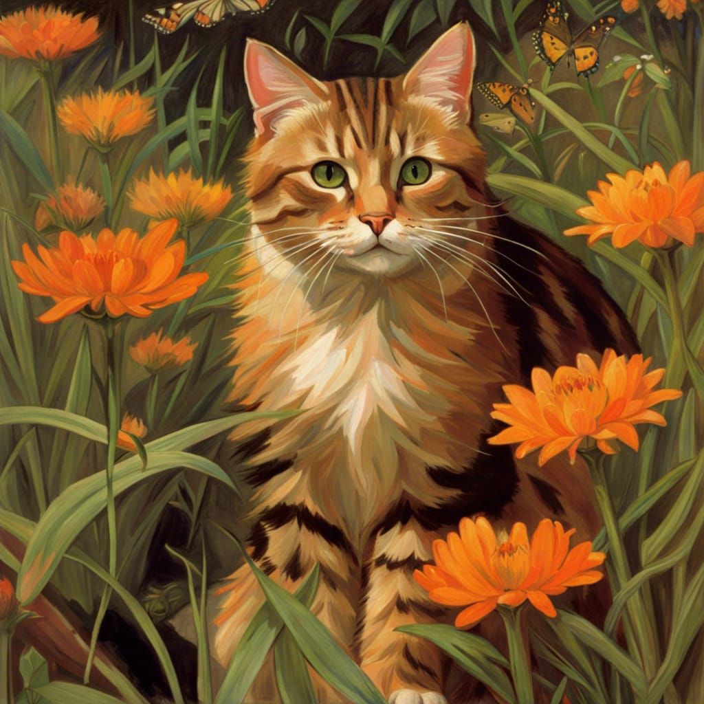 Brown Cat Amidst Vibrant Wildflowers in a Whimsical Artistic...