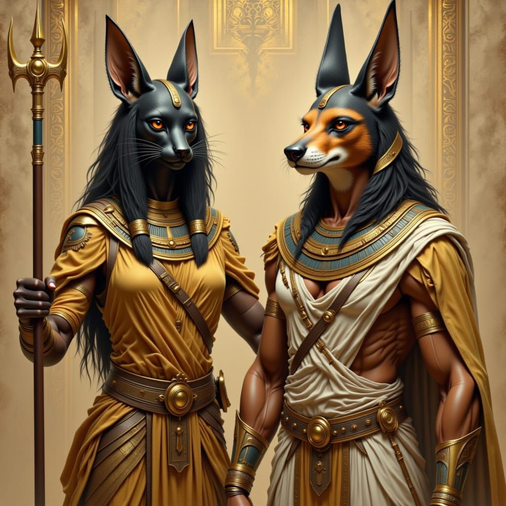Egyptian Gods Bastet and Anubis in Dark Style