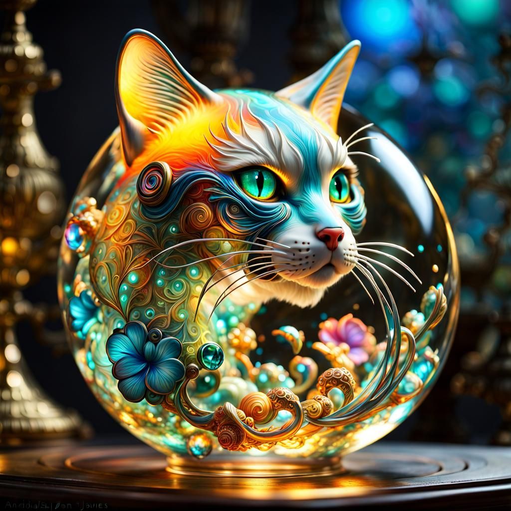 Intricate Glass Cat Catches Fish: Fantasycore Artwork