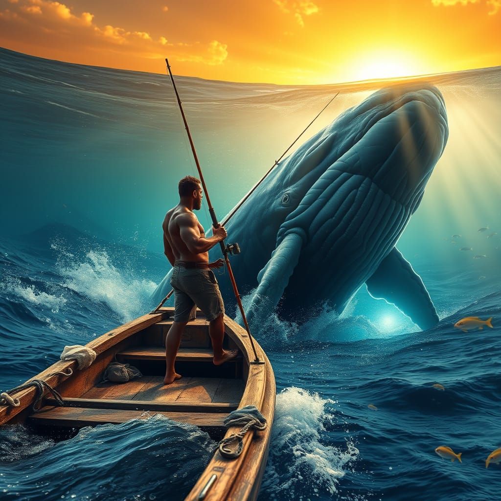 Fisherman Confronts a Colossal Whale in the Golden Sunset Oc...