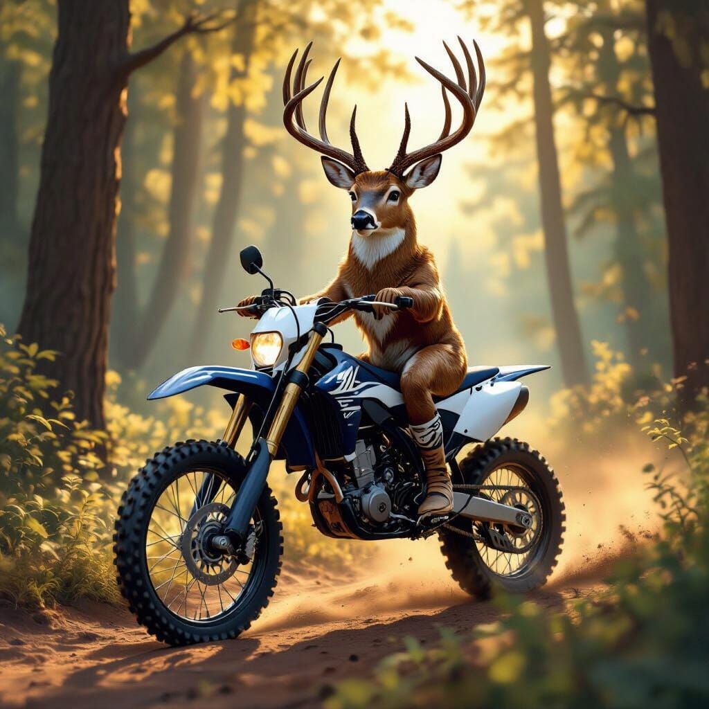 Deer Rides Dirt Bike Through Sunlit Forest