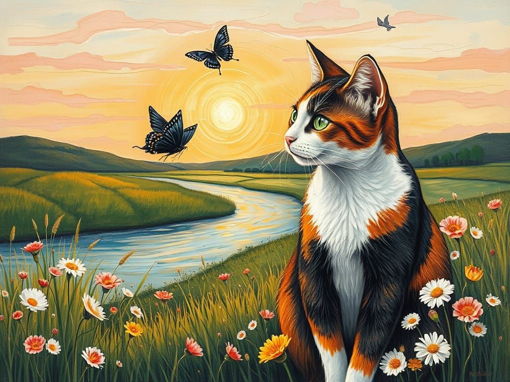 Whimsical Neo-Impressionist Oil Painting of a Calico Cat and...