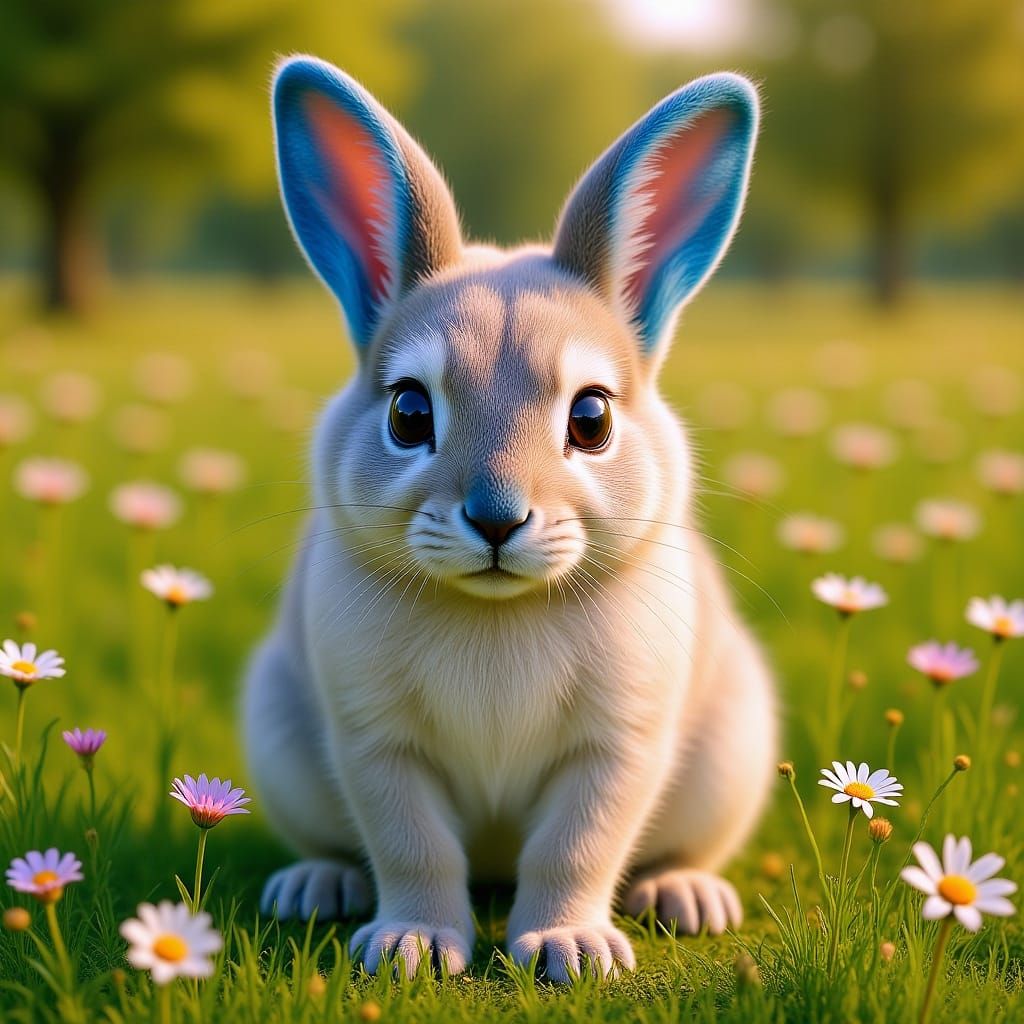 Cute Baby Rabbit with Blue Ears in Whimsical Meadow