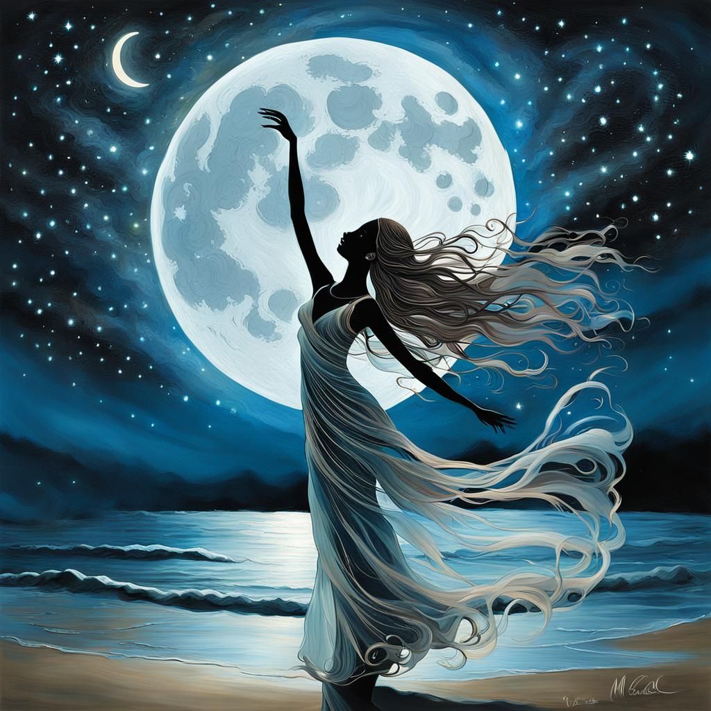 Ethereal Woman Dancing Under Moonlight: Digital Acrylic