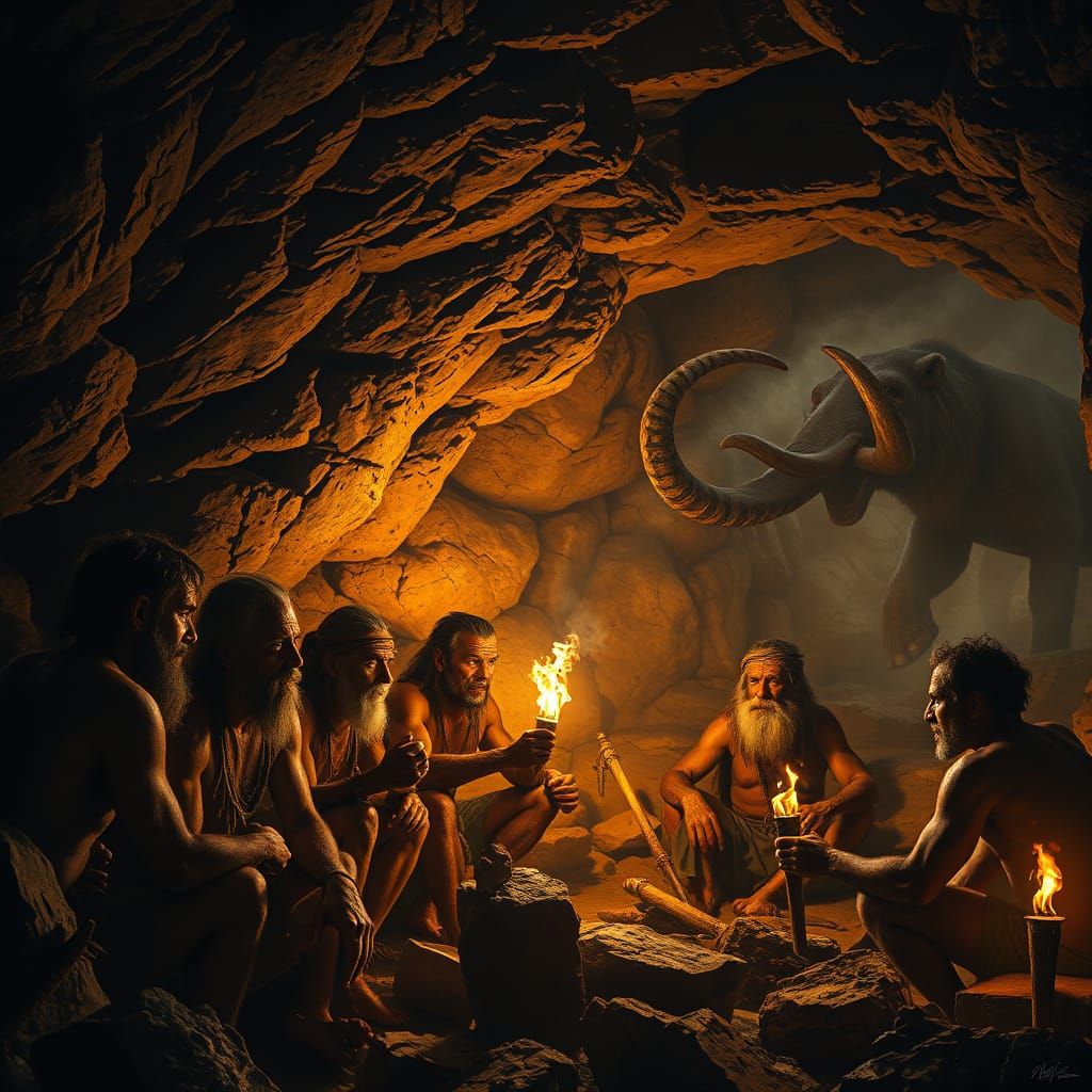 Early Humans Huddle in Primordial Cave Under Flickering Torc...