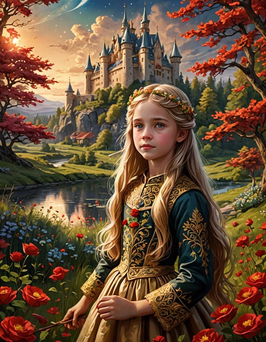 Beautiful Aurora with Long Golden Hair in Fantasy Landscape