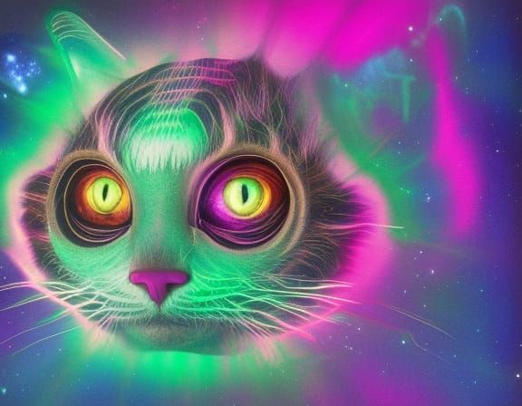 Cheshire cat 8k resolution holographic astral cosmic illustration mixed media by Pablo Amaringo