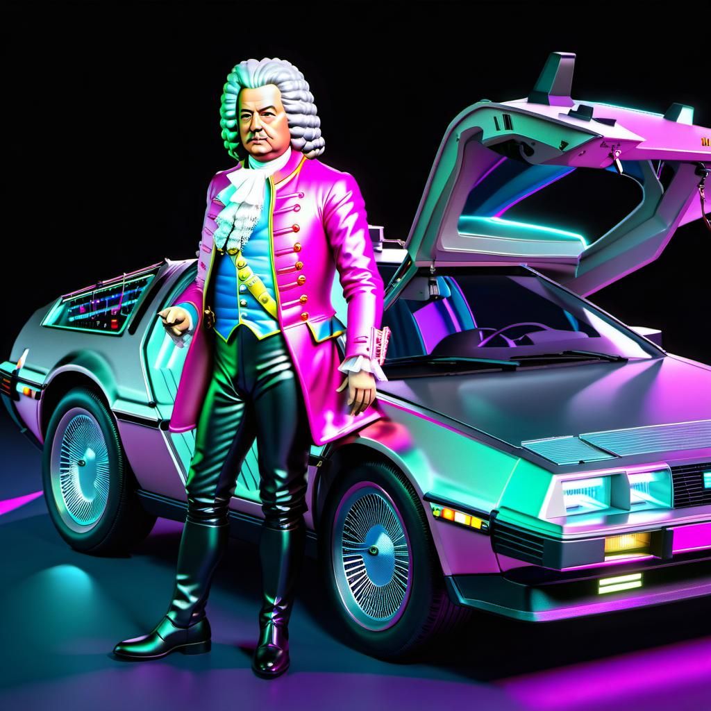Bach and Delorean in Vaporwave Neon Style