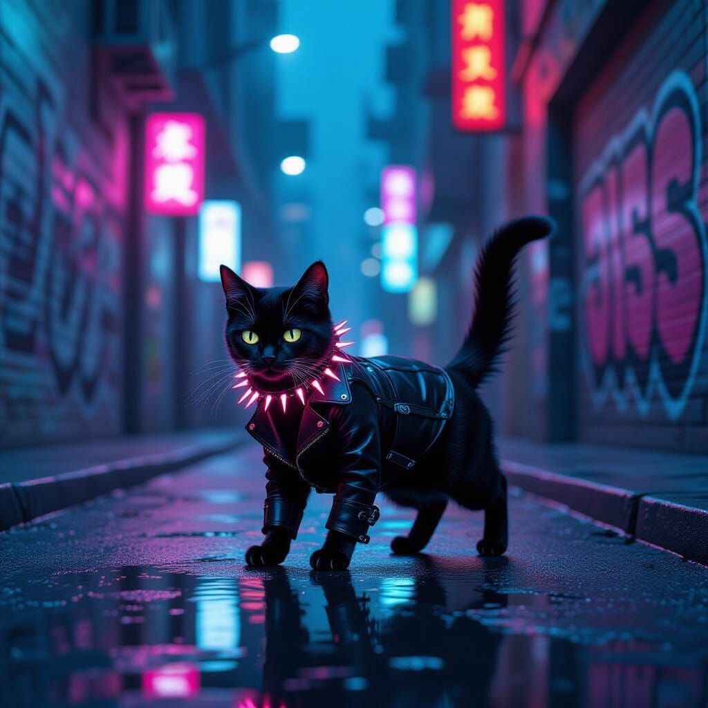 Cybernetic Cat Prowls Neon City Alley
