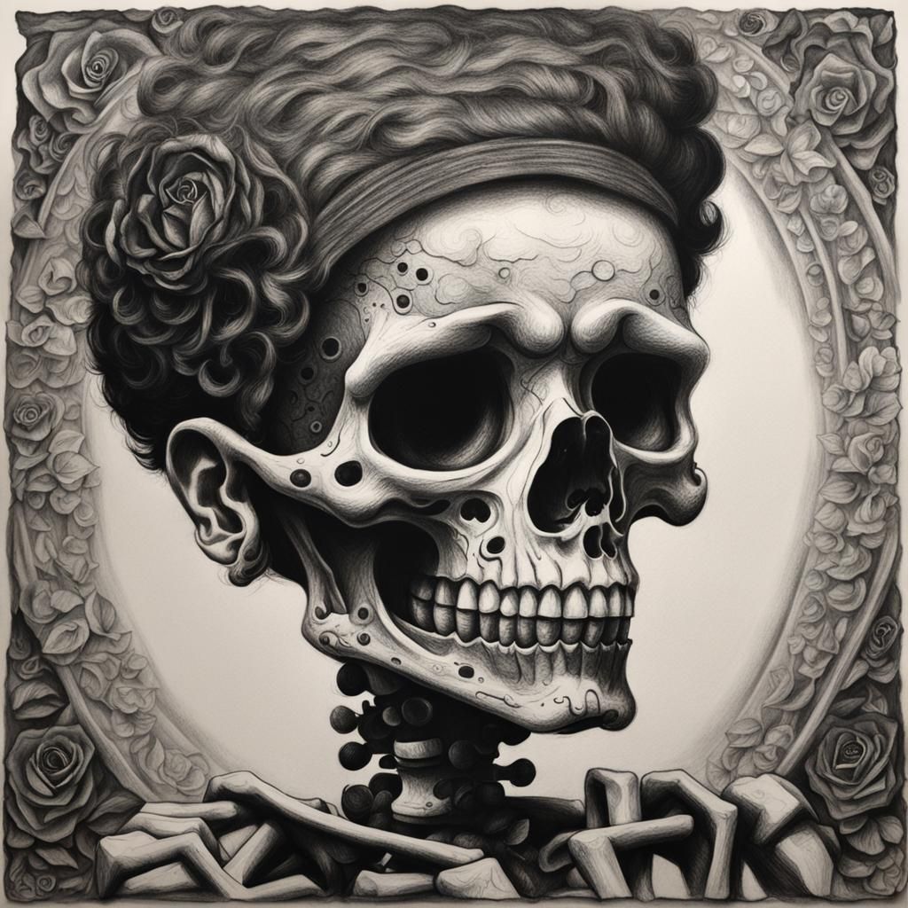 Hyperdetailed Charcoal Drawing of Betty Boop Skeleton