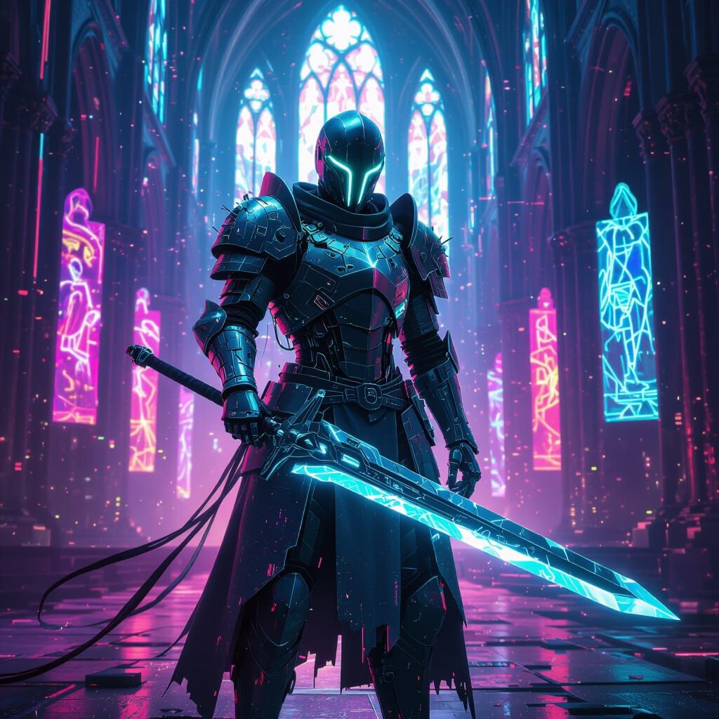 Futuristic Knight in Glitched Armor with Energized Sword